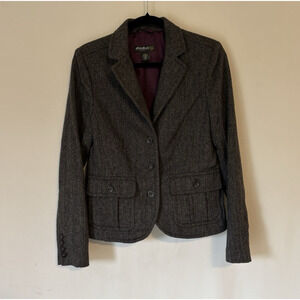 Eddie Bauer Blazer 12 Womens Wool Bl Gray Fitted Tweed Herringbone Preppy Jacket